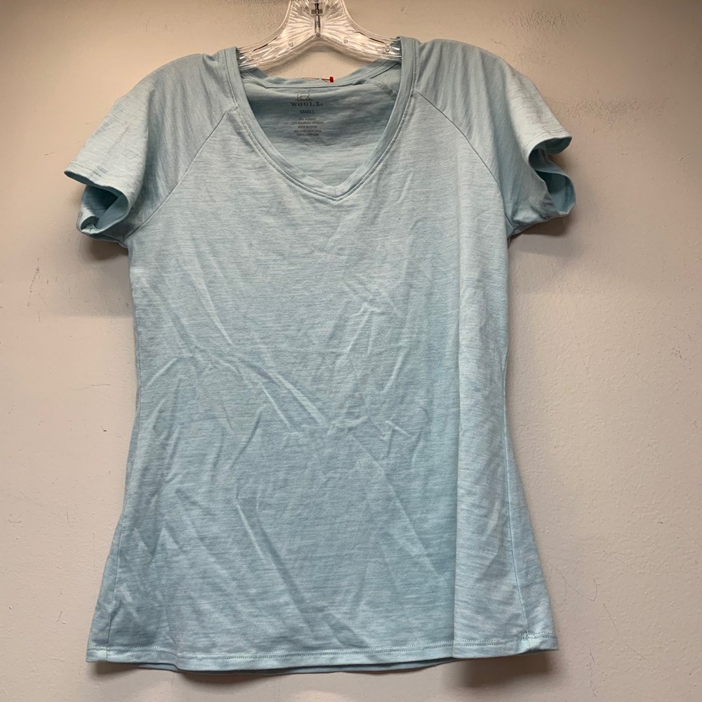 Woolx T-Shirt Women Small Light Blue Excellent Merino Wool V-Neck Raglan 12802